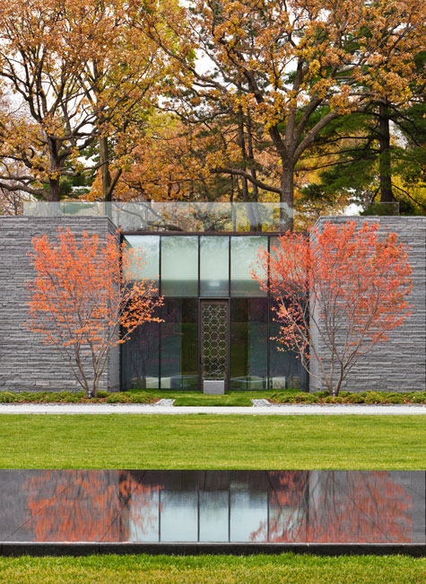 Paul Crosby view from beyond the reflecting pool into one of the exterior garden niche rooms for memorialization of ashes
